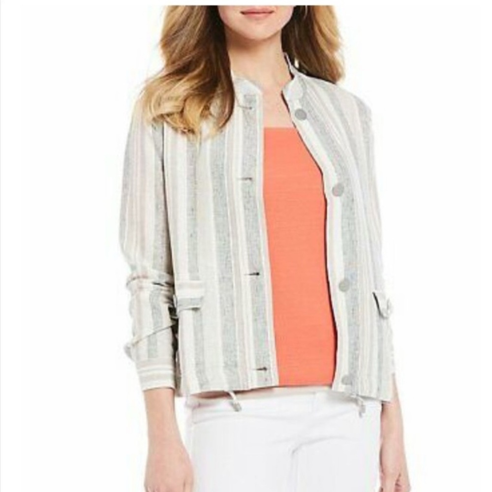 Jones New York Linen Gray Blue Stripes Lightweight JACKET/Blazer SIZE XL EUC